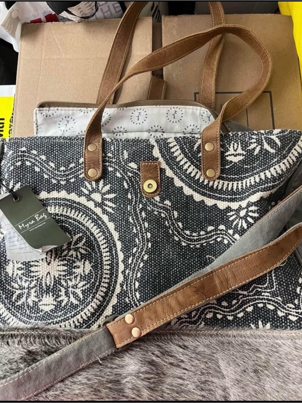Myra Bag Black & Cream Boho Tote with Brown Leather Straps and Medallion Print